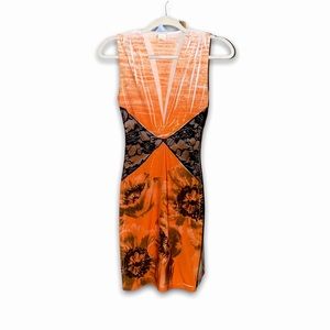 Orange mesh dress low v cut cleavage